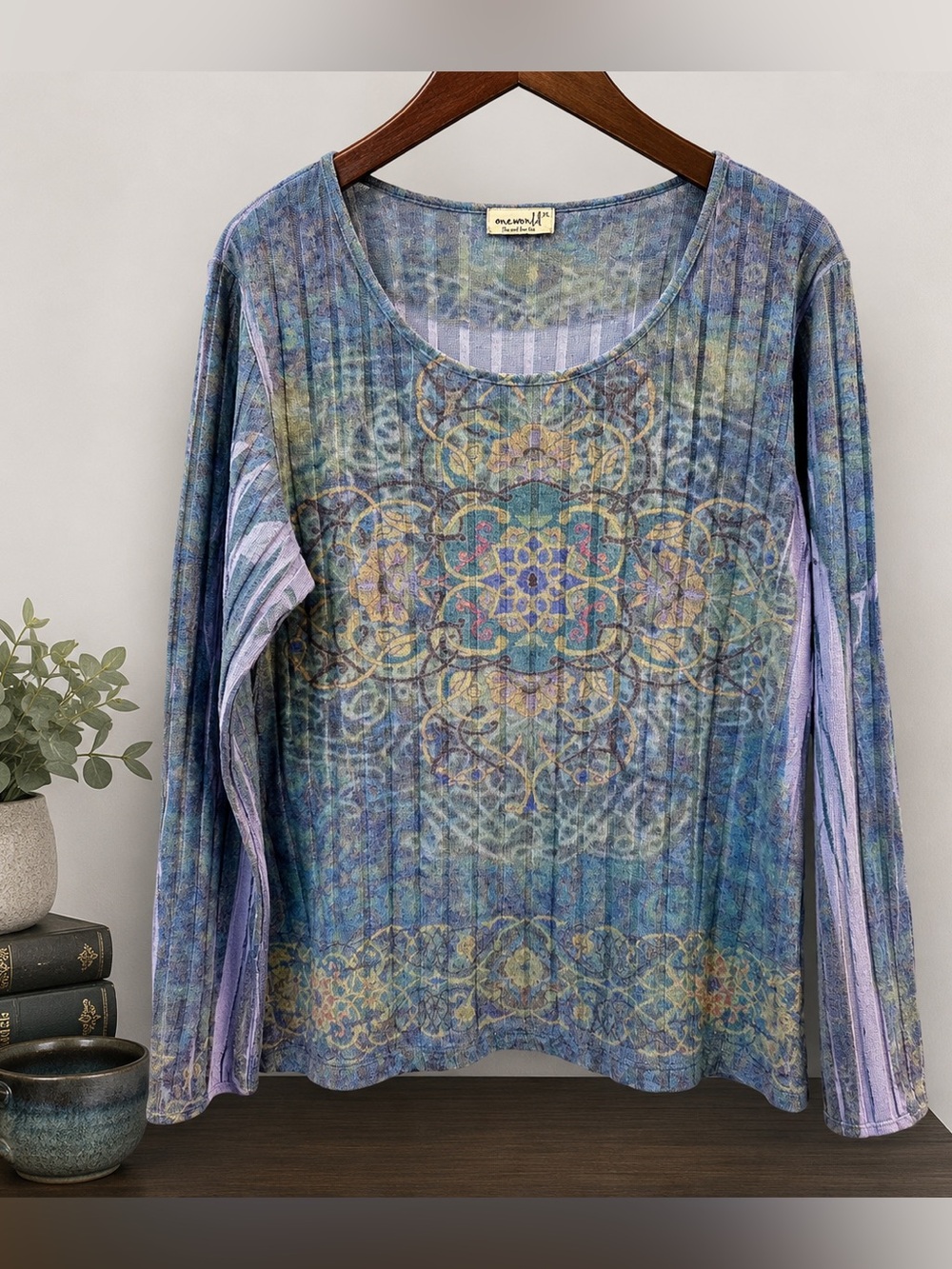 One World Y2K Boho Sublimation Print Fuzzy Knit Sweater Top XL